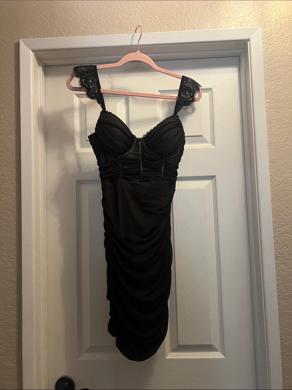 Black Lace Strap Ruched Women’s Dress